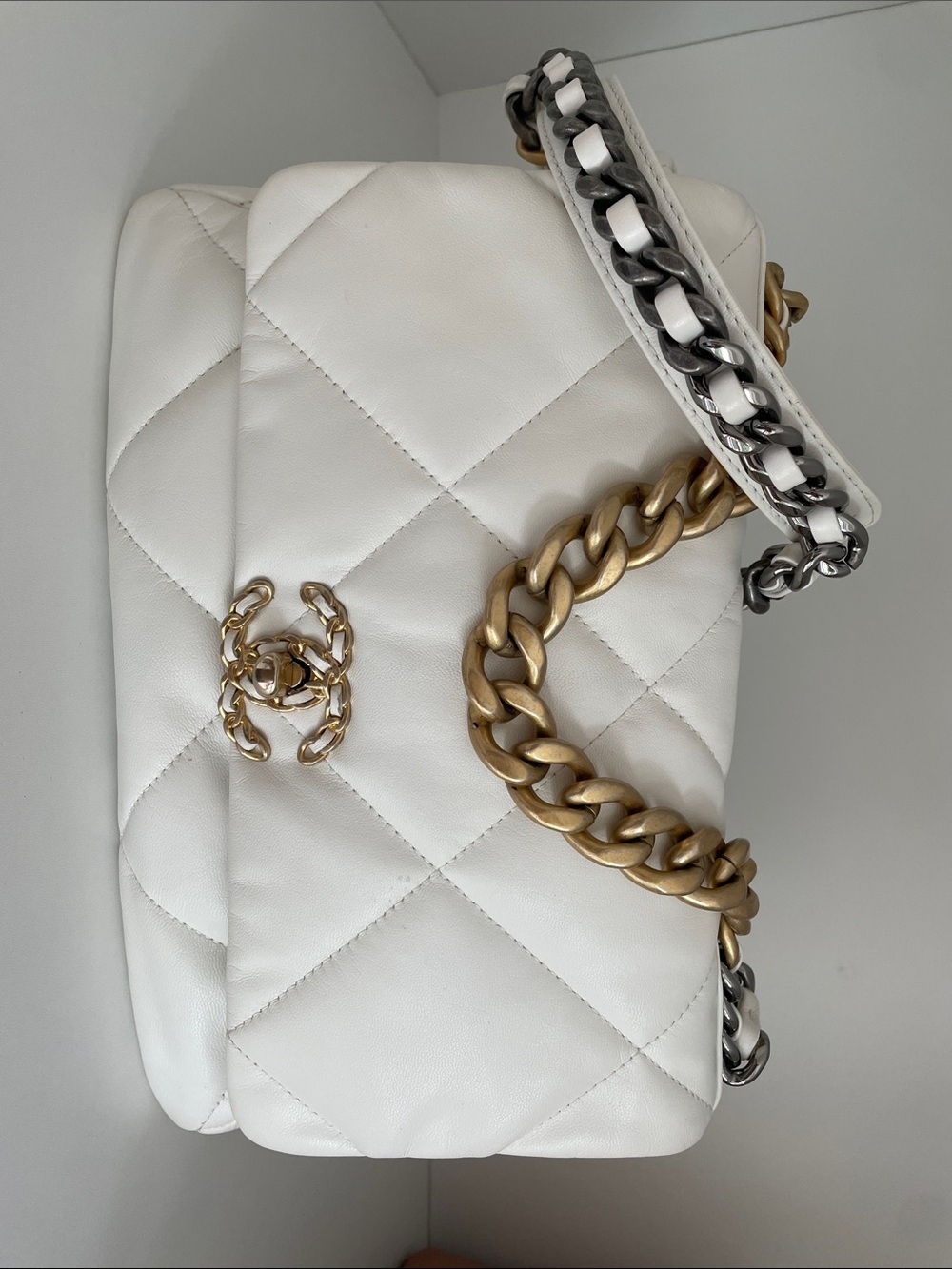 Chanel 19 - Large White Quilted Lambskin Shoulder Bag with Gold & Silver Chain